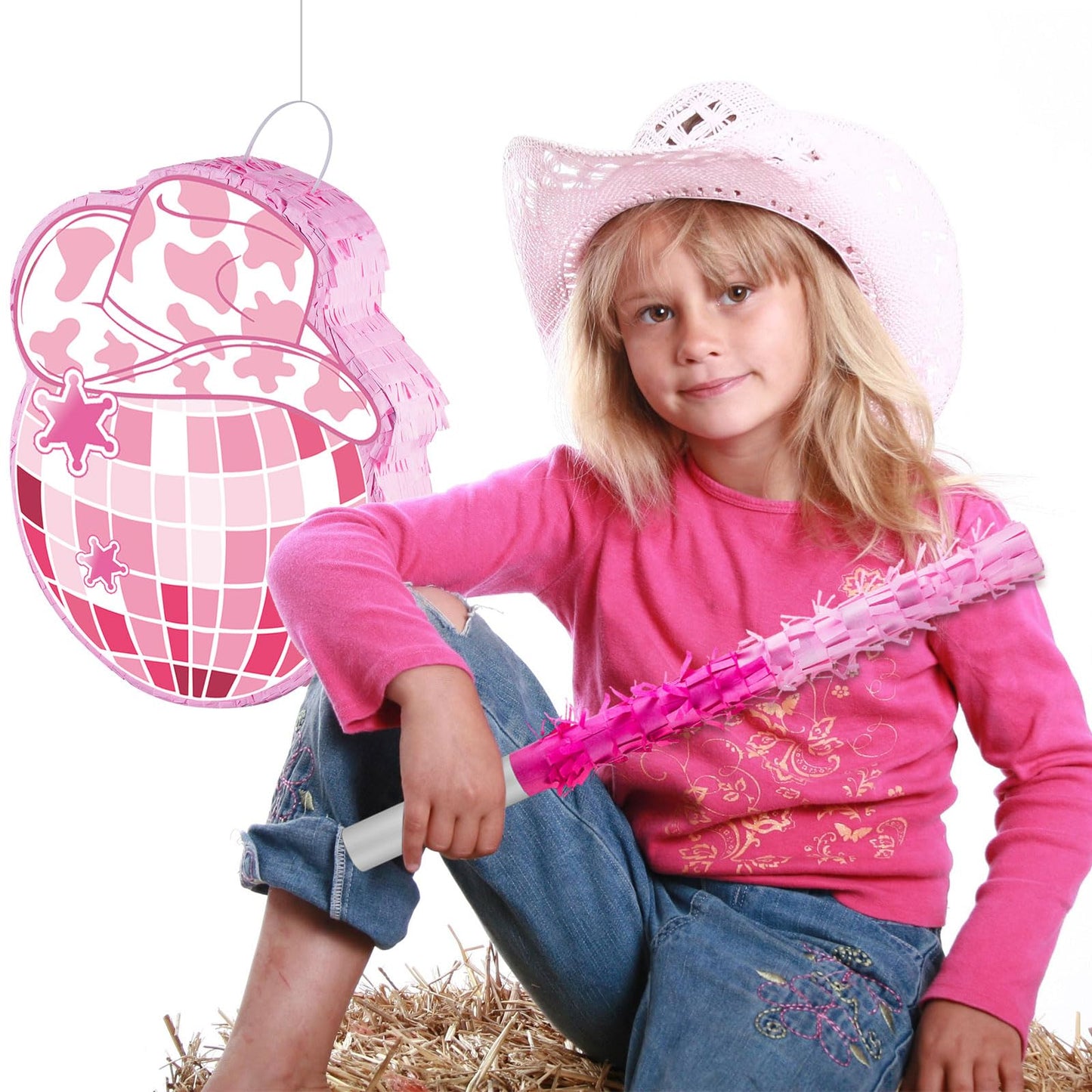 Lewtemi 15.7 Inch Cowboy Hat Piñata Western Cowboy Theme Birthday Party Decors Party Favors With Blindfold Stick Confetti Photo Prop Candy Holder Valentine'S Party Supplies (Pink, Disco Ball)