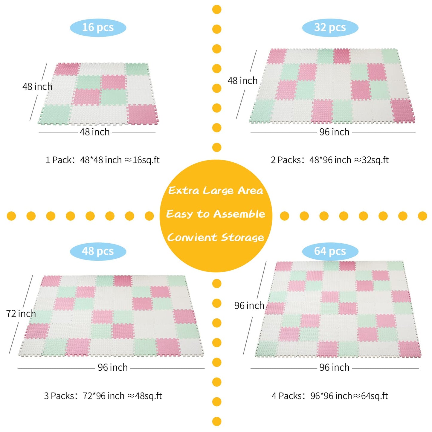 Tamiplay 16 Tiles Foam Play Mat, 0.4 Inch Thicked Interlocking Floor Mats With Solid Colors, Squares Baby Play Mat, Eva Foam Puzzle Floor Mat Foam Mats For Kids, Baby, Toddlers(White/Pink/Bean Green)