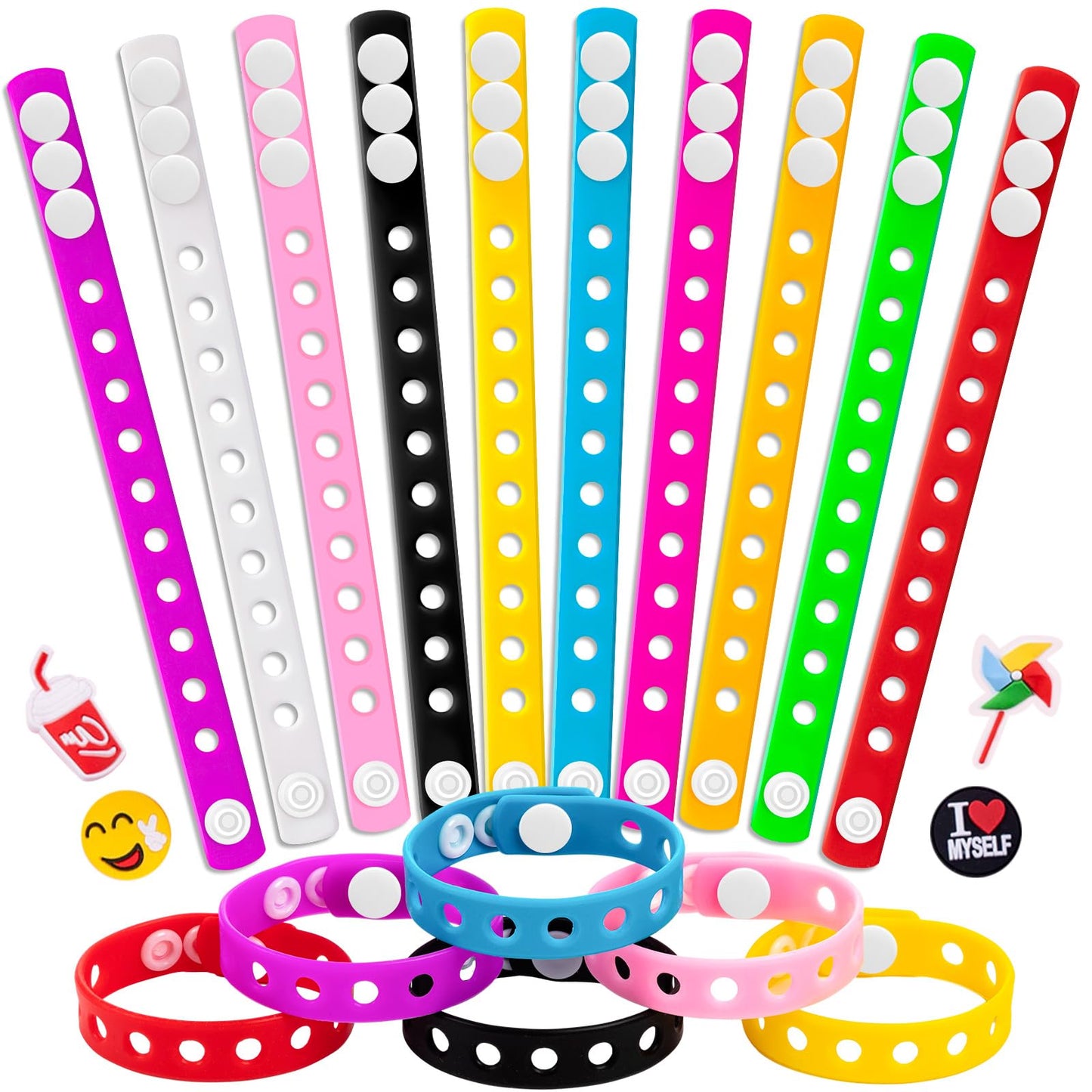 HTZNHXT 20 Pcs Silicone Charm Bracelets, 8 Inch Bracelets Bulk Band for Kids, Silicone Wristbands Adjustable Rubber Bracelets Ho