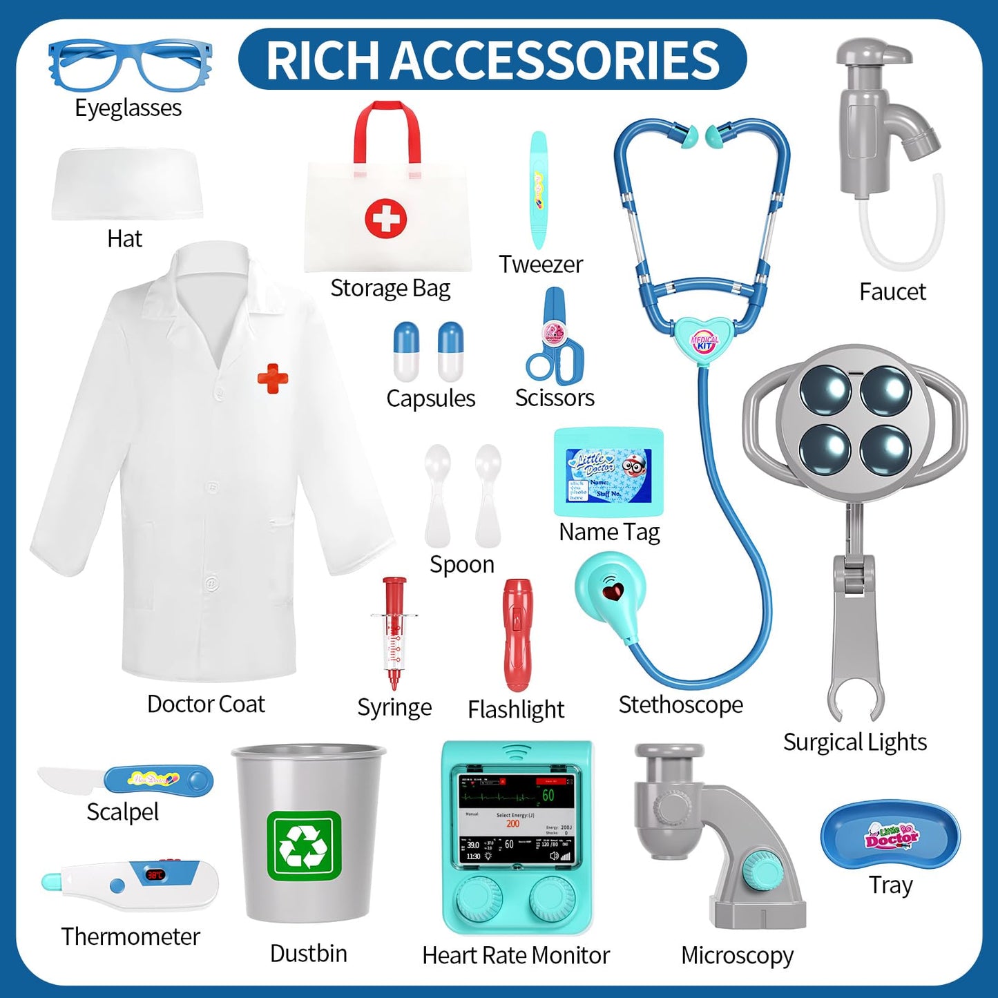 Doctor Kit for Kids Toddlers 3-8, 2 in 1 Kids Doctors Play Set with Costume, Stethoscope and Surgical Light, Pretend Medical Sta