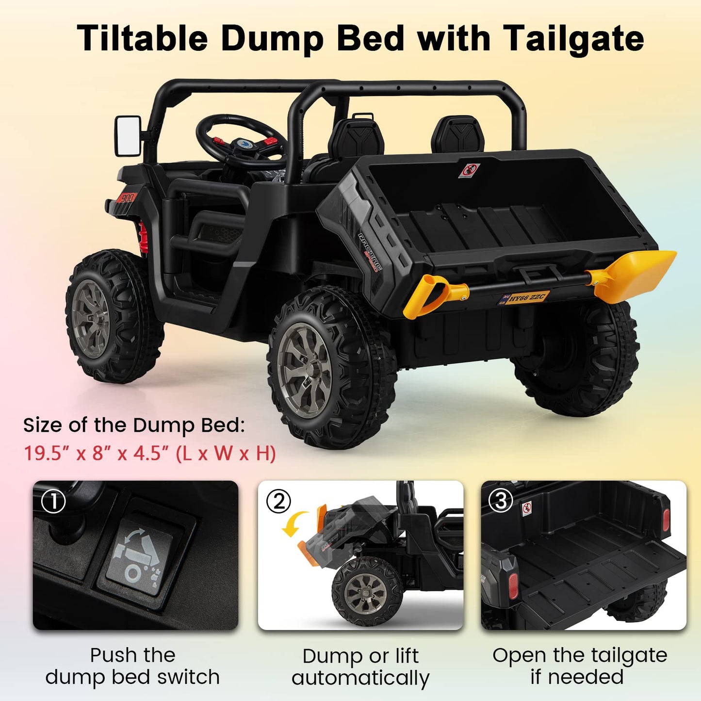 Costzon Ride On Dump Truck With Remote Control, 12V Electric Kids Utv W/Electric Dump Bed, Rocking Function, Shovel, 4 Spring Suspensions, Wireless Design, 2-Seater Ride On Car Gift For Kids (Black)