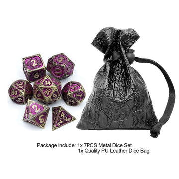 Haxtec Metal Dice Set Purple Black Dragon Pattern Metal DND Dice with Leather Dice Bag Polyhedral D&D Dice for Dungeons and Drag