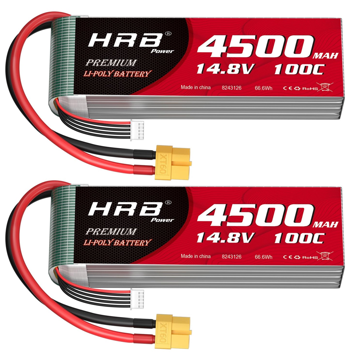 HRB 2packs 4S Lipo Battery XT60 4500mAh 100C 14.8V RC Lipo Battery Compatible with RC Car RC Plane RC Truck RC Boat