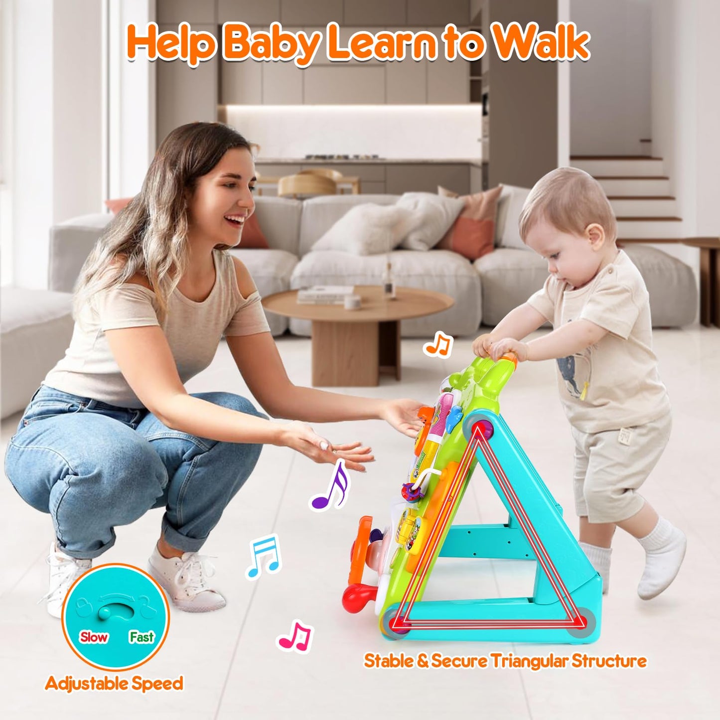 3-In-1 Baby Walker For Boy Girls Sit To Stand Toy Activity Center Drawing Board Infant Toys For 1 Year Old Birthday Gifts 9 12 18 Months 2 3 Year Old Kid Toddler Push Toy Musical Sound Light Effect
