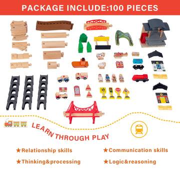 WoodenEdu 100Pcs Wooden Train Set for 3 Year Old Boys, Double-Side Train Set Tracks with Bridge Train Station & Storage Box, Fit