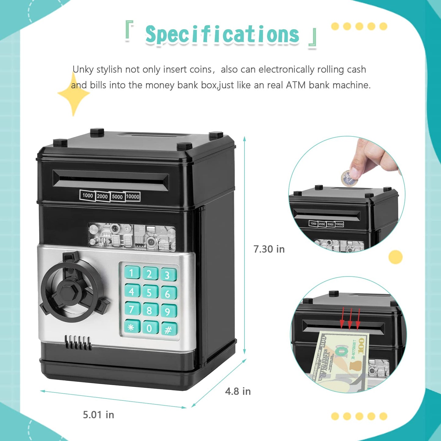 Piggy Bank Cash Coin Can (Black) Best Gift Toy Piggy Bank For Kids Girls Boys Large Electronic Real Money Coin Banks With Passwo