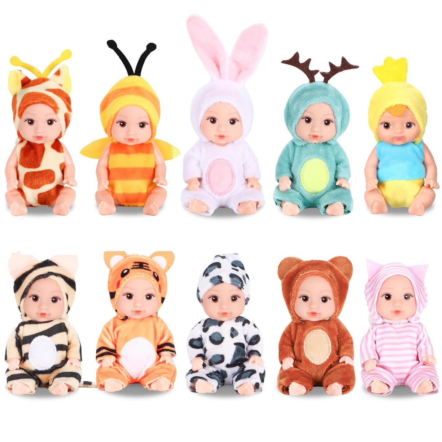 Mxsyshyj 10 Pcs 4 Inch Mini Baby Dolls Playset With Handmade Animal Clothes - Reborn Baby Dolls Realistic Open Eye Design Role P