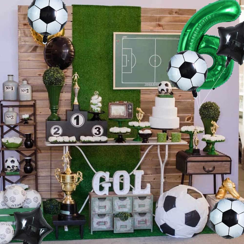 Toniful 32 Inch Soccer Balloons Set 6St Birthday Decoration Green Number 6 Foil Soccer Balloon Black Star Balloons For Children'