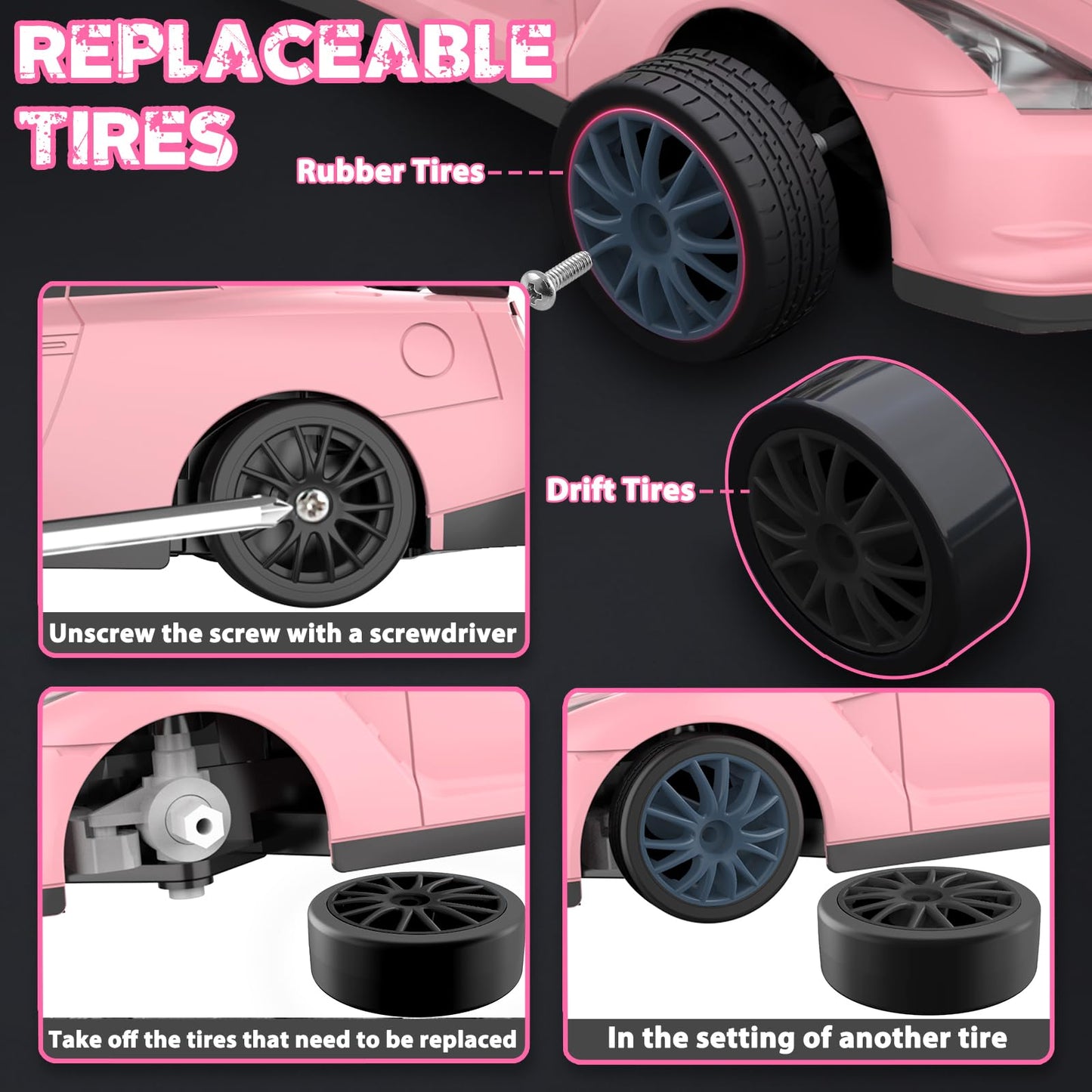 YUAN PLAN RC Drift Car, 1/24 Pink Remote Control Car for Girls, 2.4GHz 4WD Drifting RC Cars with LED Light, High Speed RC Car wi