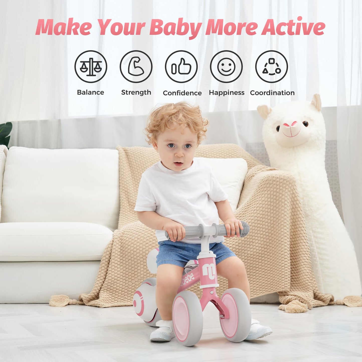 Allobebe Baby Balance Bike, Cute Toddler Bikes 12-36 Months Gifts For 1 Year Old Girl Bike To Train Baby From Standing To Walking With Adjustable Seat Silent & Soft 3 Wheels, Pink