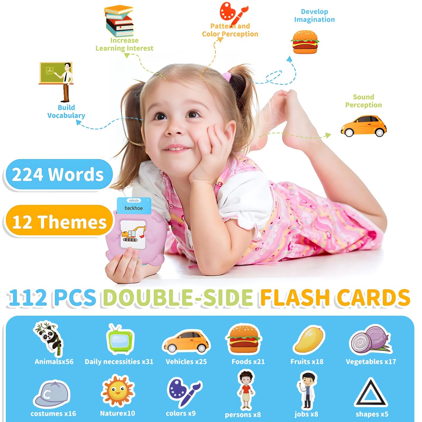 Kids Toddler Talking Flash Cards With 224 Sight Words,Montessori Toys,Speech Therapy,Autism Sensory Toys,Learning Educational Gifts For Age 2 3 4 5 Years Old Boys And Girls (Pink)