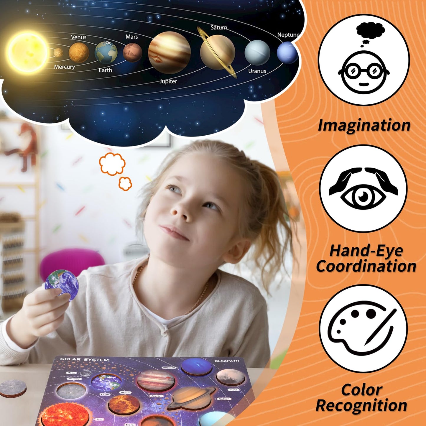 Blazpath Solar System Planet Space Wooden Puzzle Toys For Kids 3-5, Toddler Montessori Educational Match Planet Board Sensory To