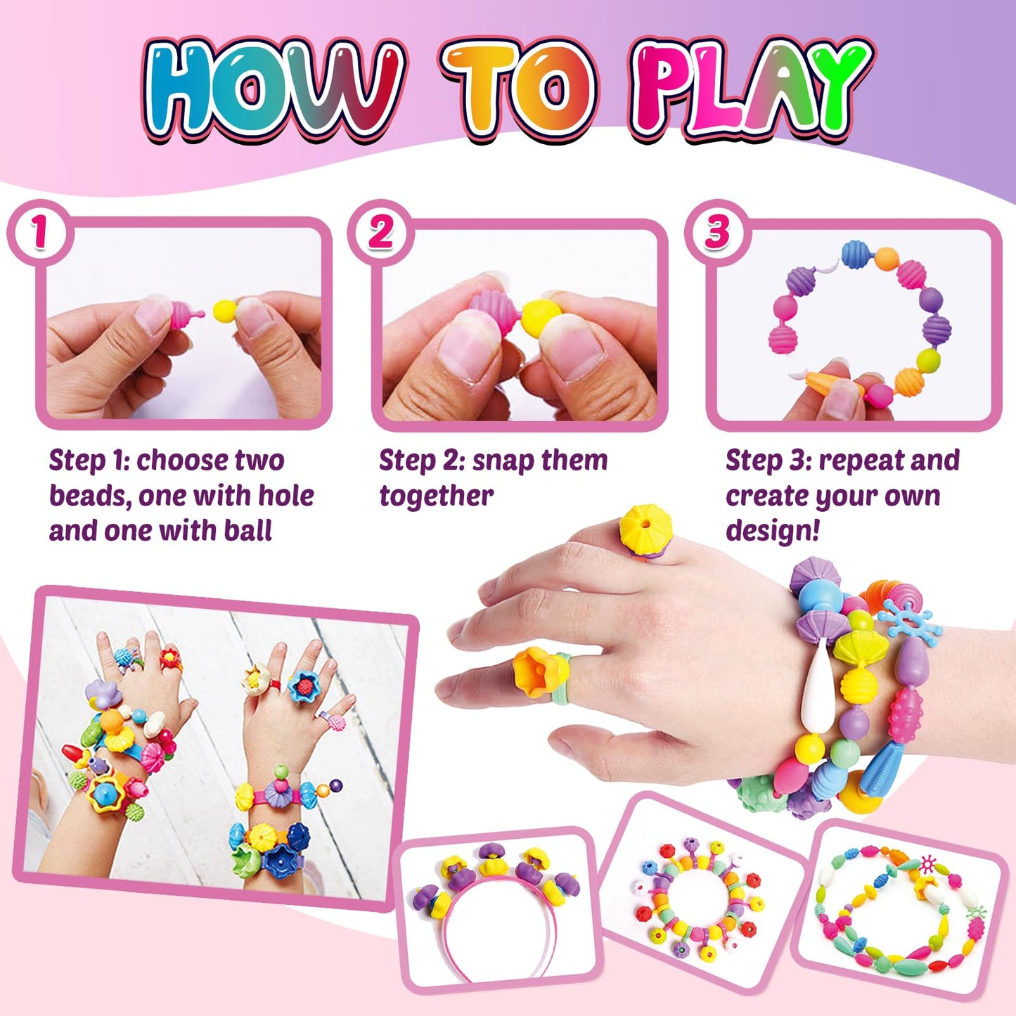 Funzbo 850Pcs Pop Beads - Jewelry Making Kit For 3 4 5 6 7 8 Year Old Little Girls, Arts And Crafts Toys For Kids, Necklace Bracelet Ring Hairband Creativity Snap Set Easter Holidays Birthday Gifts