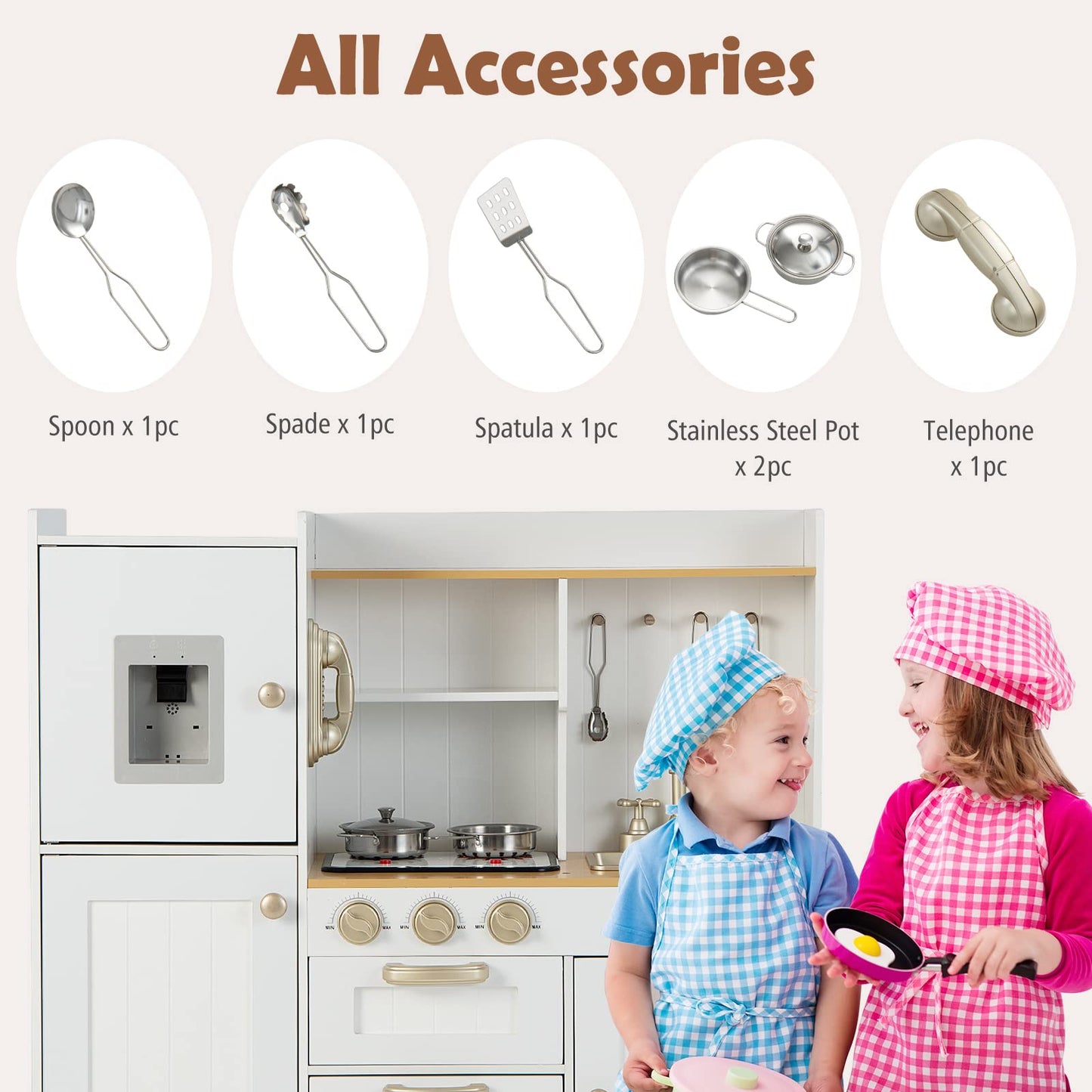 INFANS Kid Kitchen Playset, Toddler Wooden Pretend Cooking Set with Realistic Light & Sound, Stove, Sink, Microwave, Storage Cab