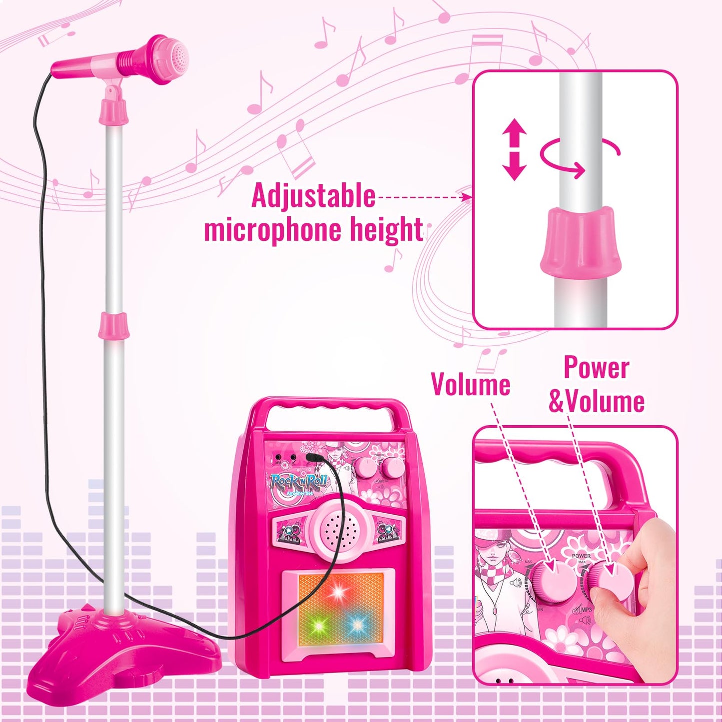 Deao Musical Guitar Play Set,Djustable Height Microphone,Amplifier Set With Stand,Music Light Karaoke Music Toys Birthday For Kids Boys Girls