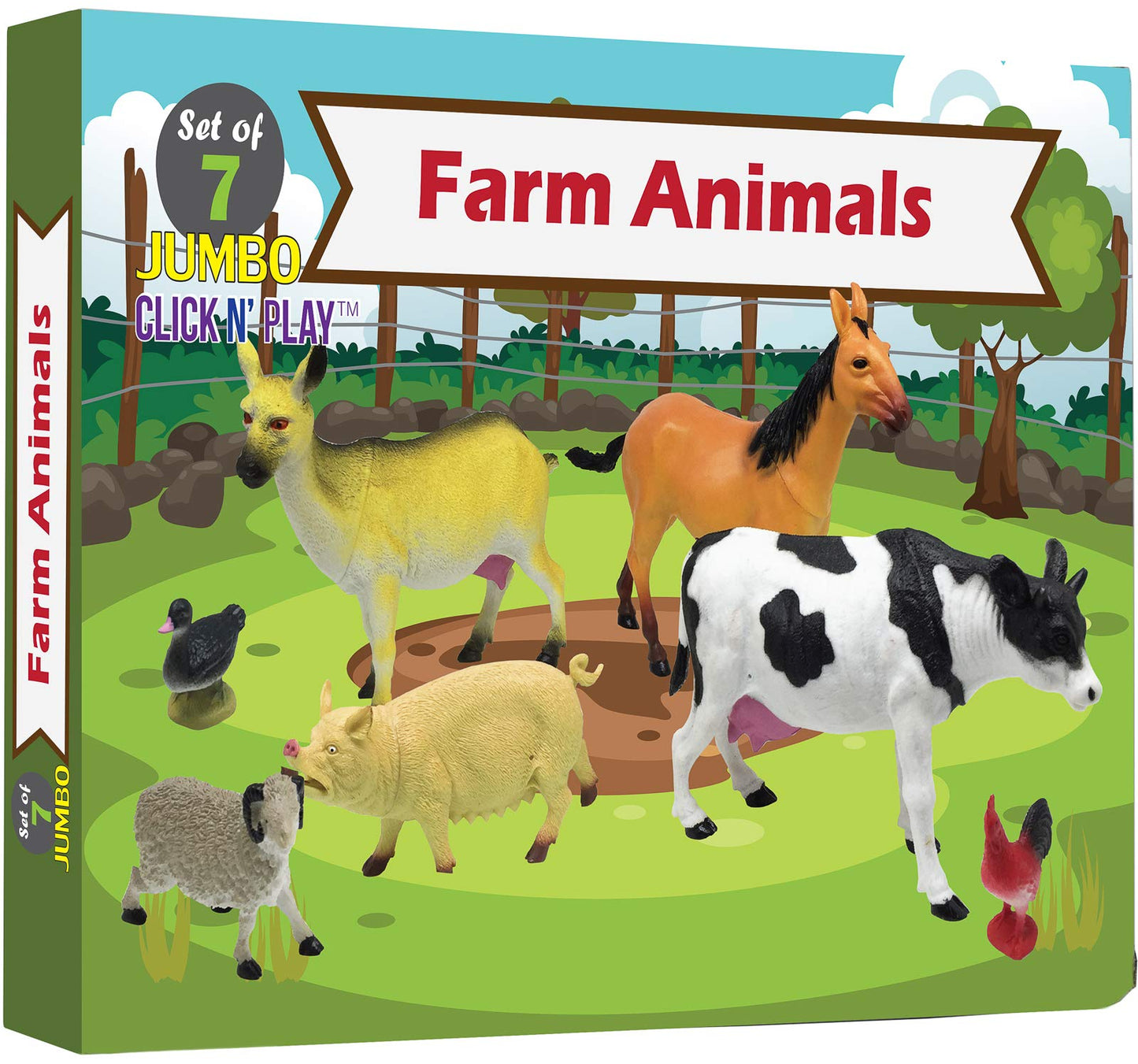 Click N' Play Jumbo Farm Animal Playset - 7 Assorted Realistic Plastic Animals for Kids - Brown