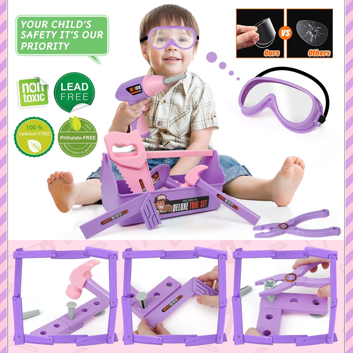 Kids Tool Set with Toy Drill, Toy Tool Box, Construction Tools, Pretend Play Toddler Girl Toys Gifts for Toddlers Kids Aged 3 4