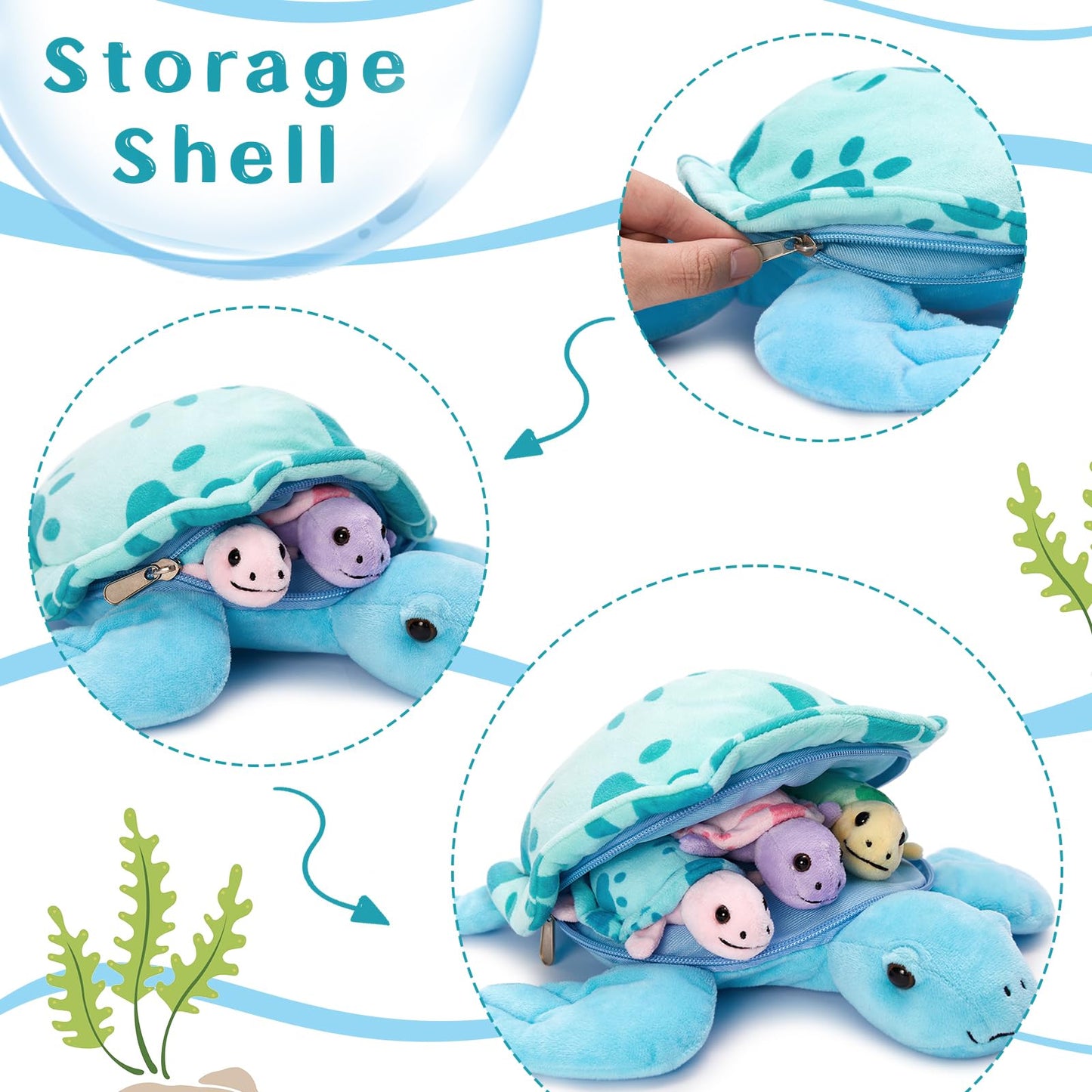 Muiteiur Sea Turtle Stuffed Animal Soft Mommy Turtle Plush Toy With 3 Babies Turtle Plushies Multicolored Stuffed Sea Turtle For Kids Girl Boy(Blue)