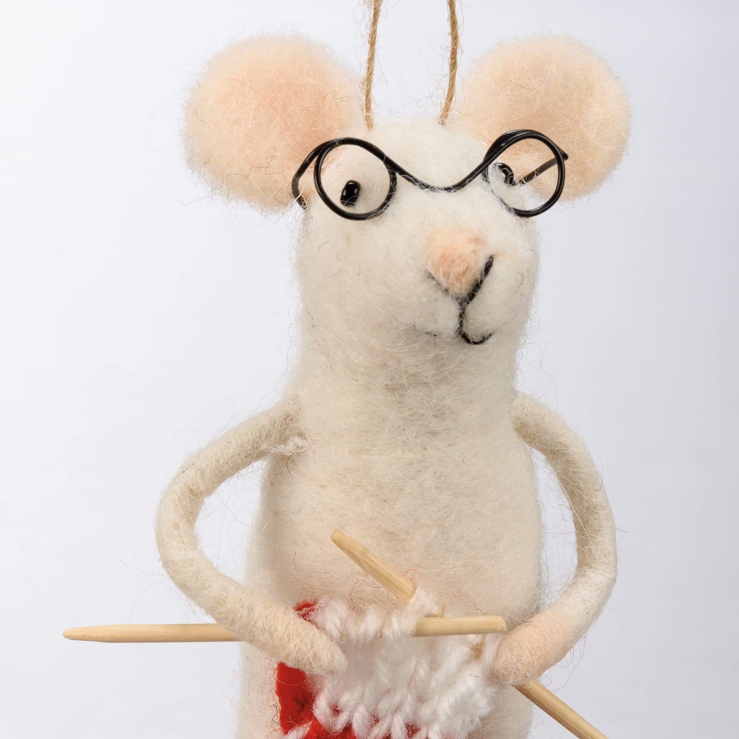 Primitives by Kathy Collectible Critter - Knitting Mouse Featuring a Mouse Wearing Glasses Knitting a red/White Scarf. Coordinat