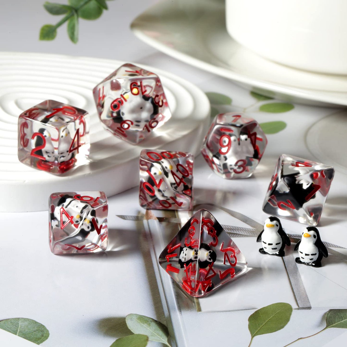 Penguin D&D Dice Set, DNDND 7PCS Resin Dragon Dice Set with Velvet Bag for D&D Role Playing Games and Tabletop Games(Penguin