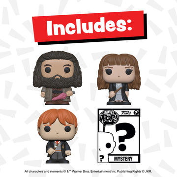 Funko Bitty POP! HP - Hermione in Robe, 4-Pack - Hermione Granger, Rubeus Hagrid, Ron Weasley and A Surprise Mystery Mini Figure
