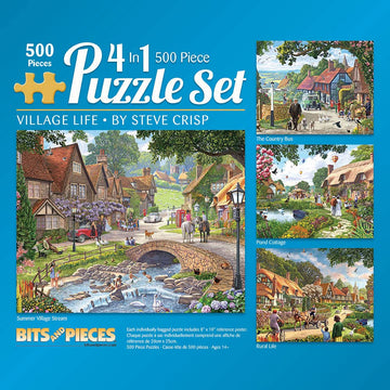 Bits And Pieces - 4-In-1 Multi-Pack 500 Piece Jigsaw Puzzles For Adults - Village Life By Artist Steve Crisp, Completed Puzzle S