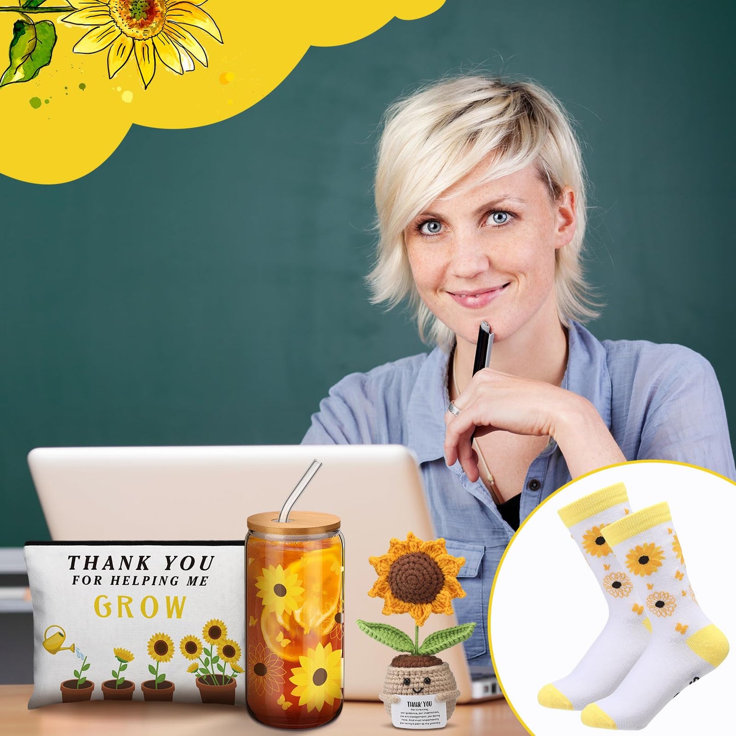 Boao 4 Pcs End of Year Teacher Gift Sunflower Appreciation Gift for Women Thank You for Helping Me Grow Positive Sunflower Doll