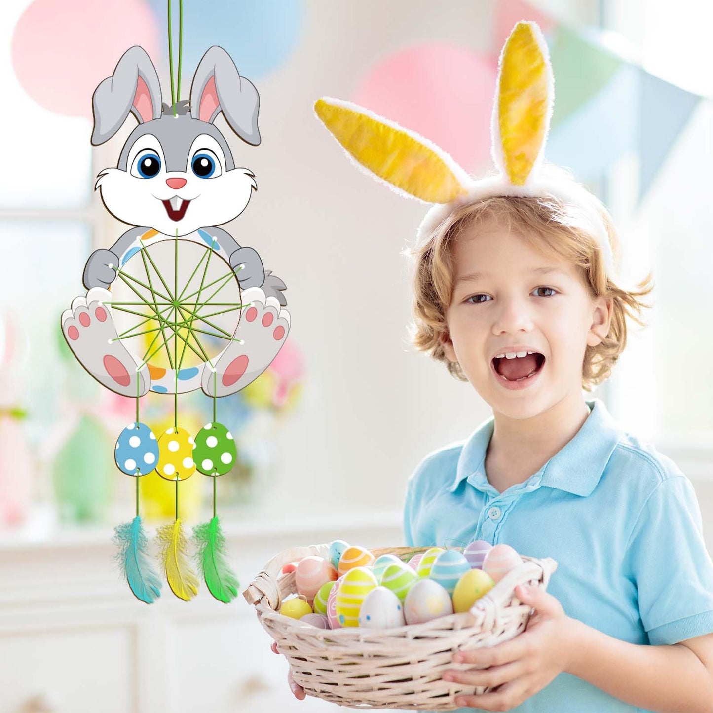 Fennoral 5 Pack Bunny Dream Catcher Craft Kit For Kids Paint You Own Easter Rabbit Dream Catcher Ornament Diy Coloring Wooden Ea