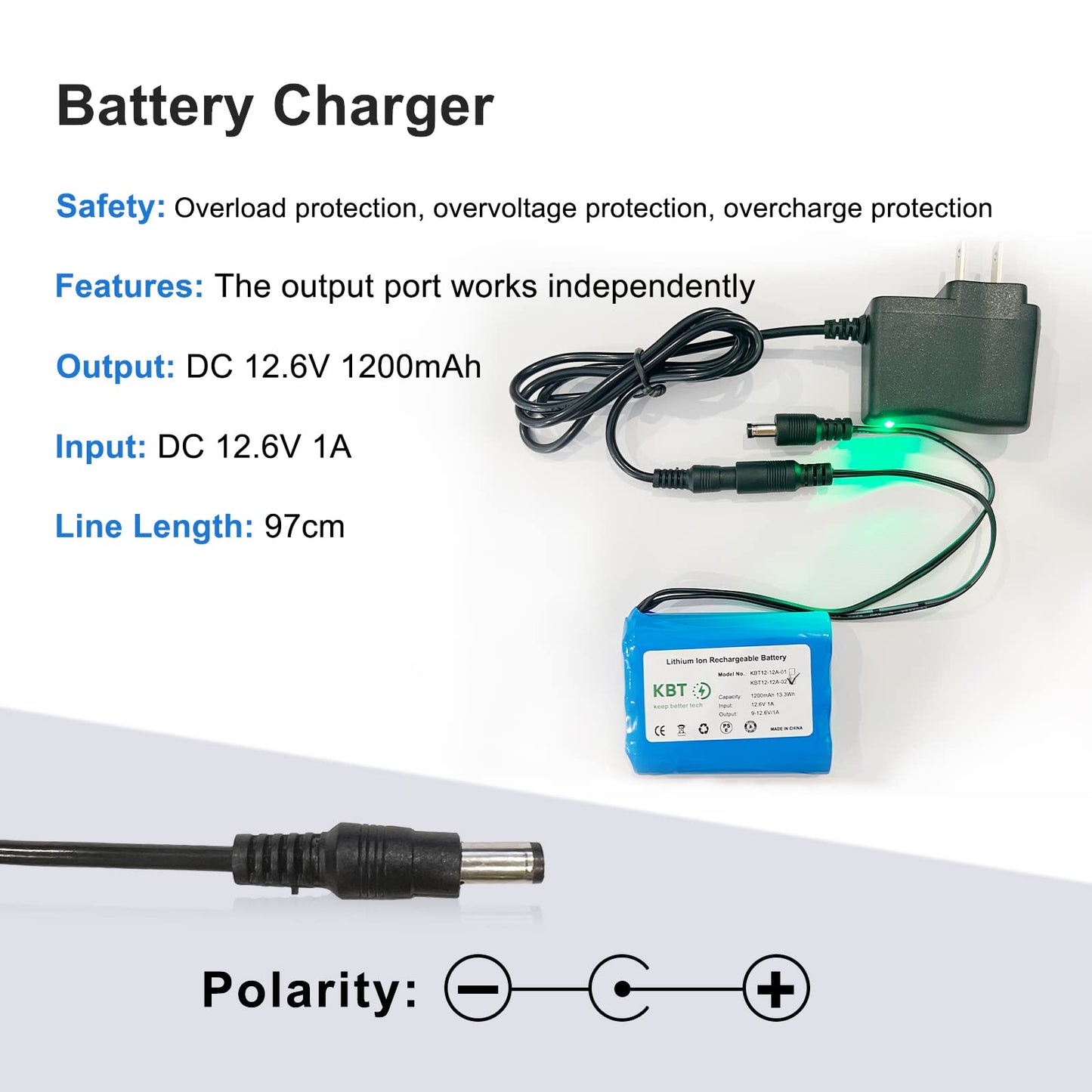 KBT 12V 1200mAh Rechargeable Li-ion Battery, 12V DC5521 Male Connector, Replacement Battery Pack with 12V Charger Compatible for