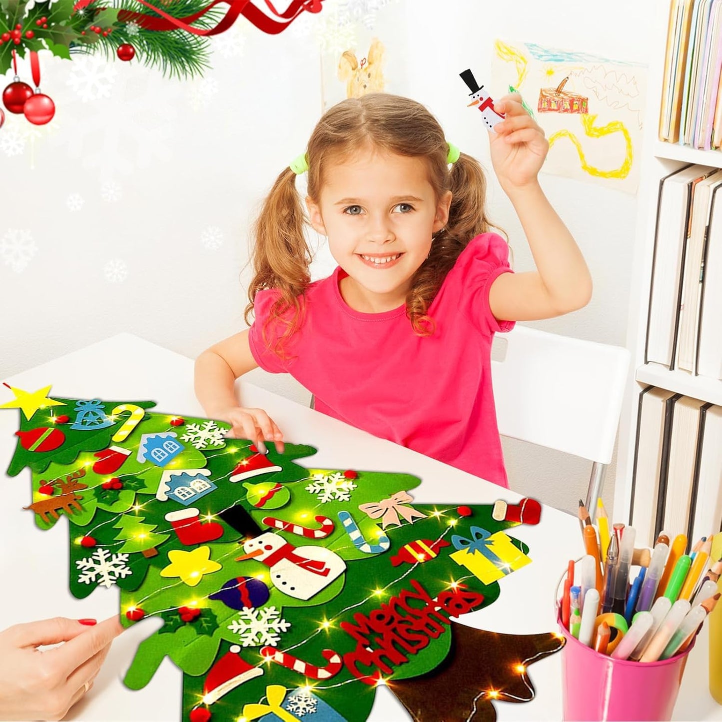 Montessori Felt Christmas Tree for Toddlers,Montessori Felt Christmas Tree with 32 Ornaments & Lights