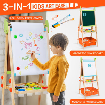 Kids Easel Including 100+ Accessories, Rundad Double Sided Wooden Easel for Kids Age 3-8 with Magnetic Chalkboard & Painting Boa