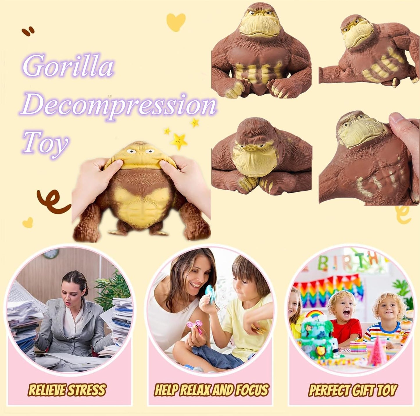Stretchy Glue-Sand Filled Rubber Gorilla , Latex Gorilla Soft Decompression Doll Toy, Animal High-Elastic Stretchable ,Squishy M