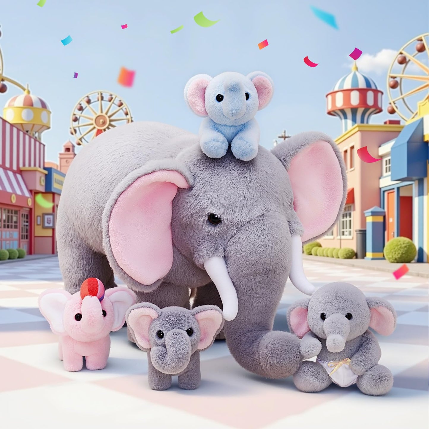 OUOZZZ Elephant Stuffed Animal Set – Interactive Plush Toy with 4 Baby Elephants, Crinkly Ears, 14" x 6.3", Travel-Friendly, Grey