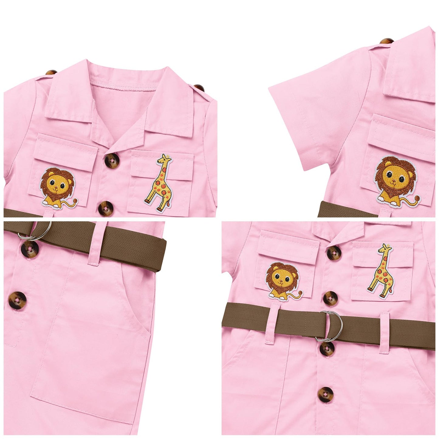 Idopip Baby Girls Safari Outfit Jungle One Piece Romper + Hat Jumpsuit Toddler Summer Birthday Party Clothes Set Halloween Overall Shorts Photo Shoot Bodysuit With Belt Pink 6-12 Months
