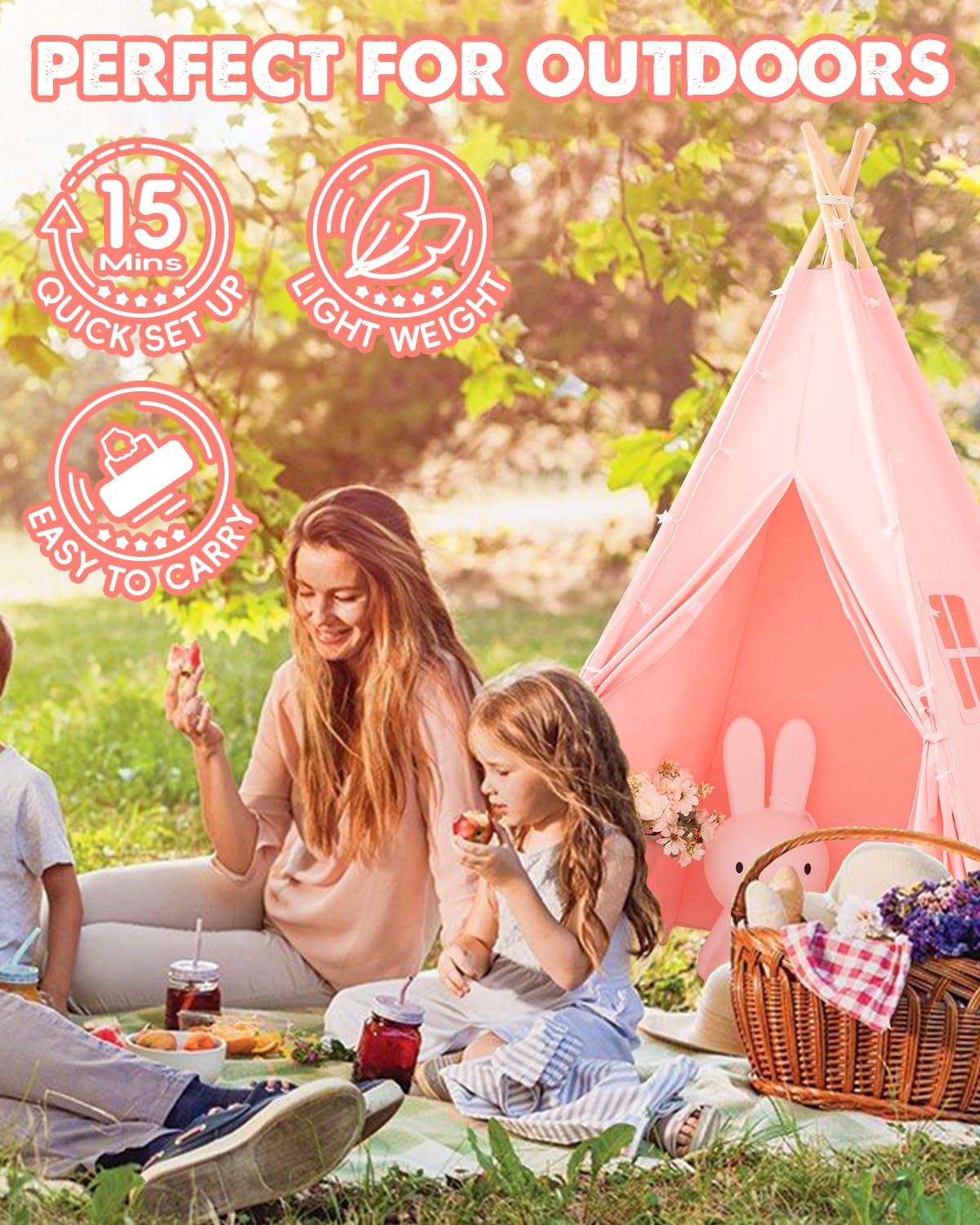 Xiaowantong Kids Teepee Tent With Lights & Carry Bag, Natural Cotton Canvas Toddler Play Tent For Girls & Boys, Washable Foldable Indoor/Outdoor Teepee
