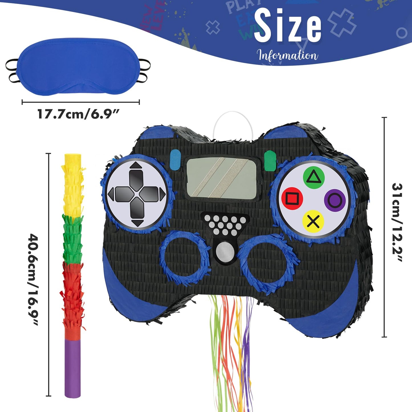 Wernnsai Video Game Piñata - Game Controller Piñata Bundle With Blindfold And Bat For Boys Kids Piñata Gaming Theme Party Decoration Supplies Pull String Piñata For Birthday Party Celebration Blue