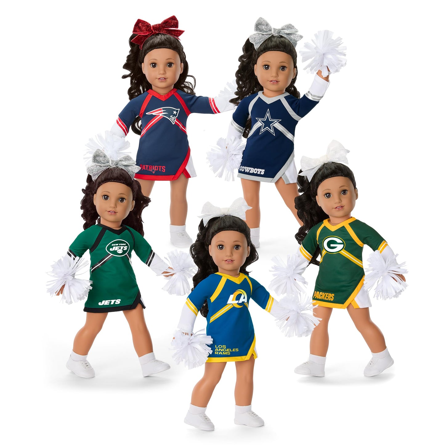 American Girl Los Angeles Rams Cheer Uniform 18 Inch Doll Clothes With Pom Poms, Blue And Yellow, 5 Pcs, Ages 6+