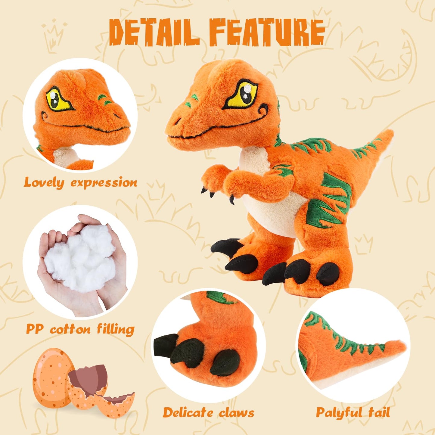 Tcbunny Baby Dinosaur 12' Bedtime Stuffed Animal Plush Toy, Kid'S Gifts For Boys, Girls, Birthday, Valentine, Christmas, Veliciraptor - Orange