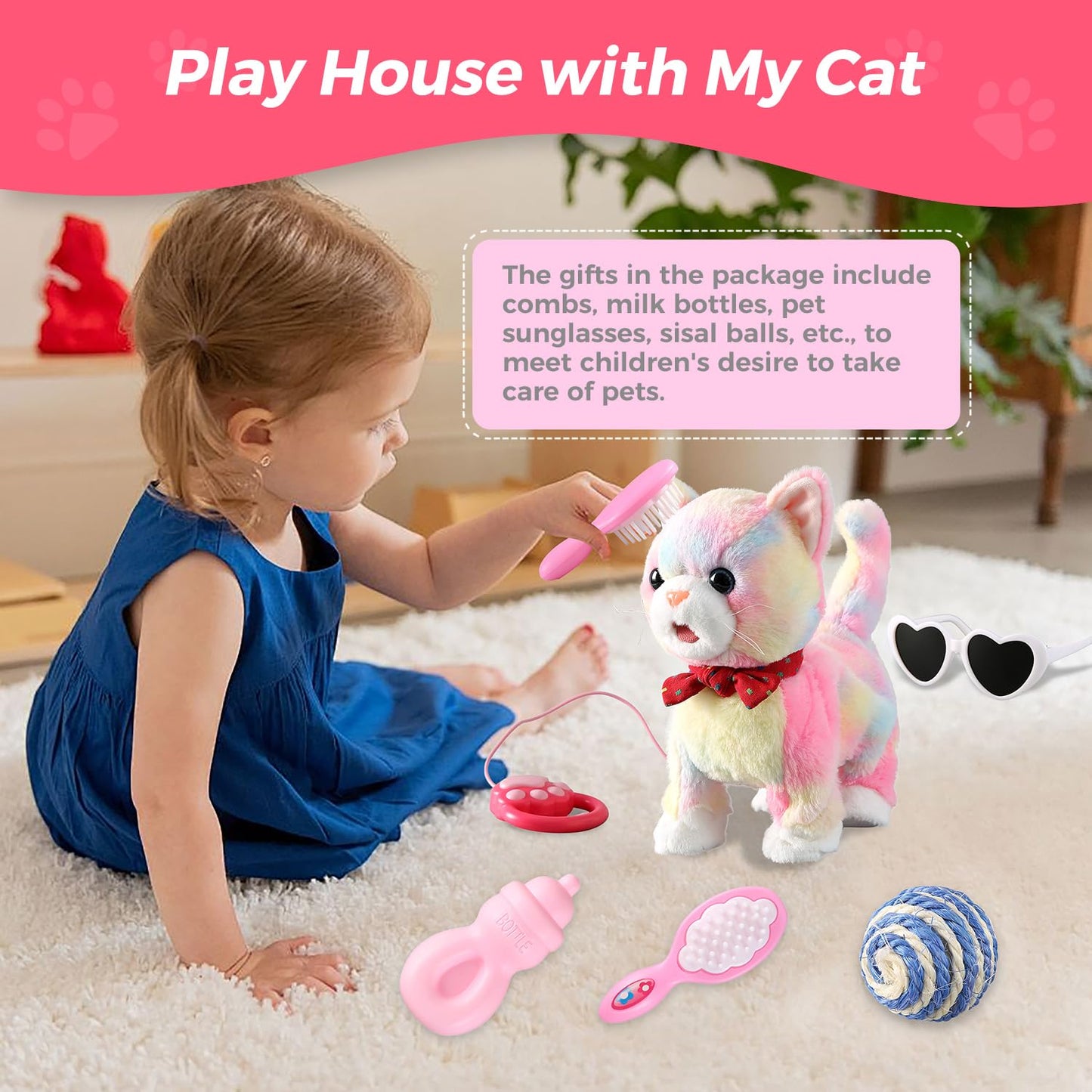 HCdoujoy Colorful Plush Interactive Cat Leash Toy - Singing, Dancing Robot Kitten with Voice Control, Nodding Tail for Kids