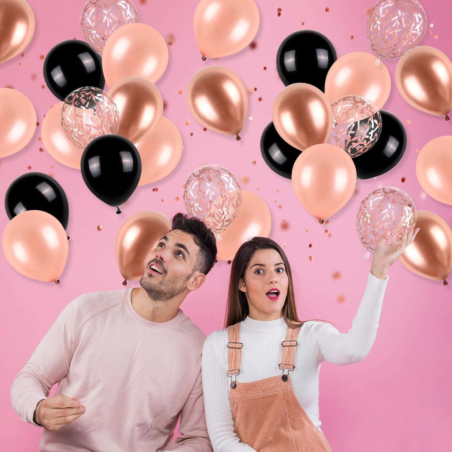 Rose Gold And Black Balloons Set, 12 Inch Metallic Rose Gold Balloons Pearl Rose Gold Confetti Balloons Black Latex Balloons Par