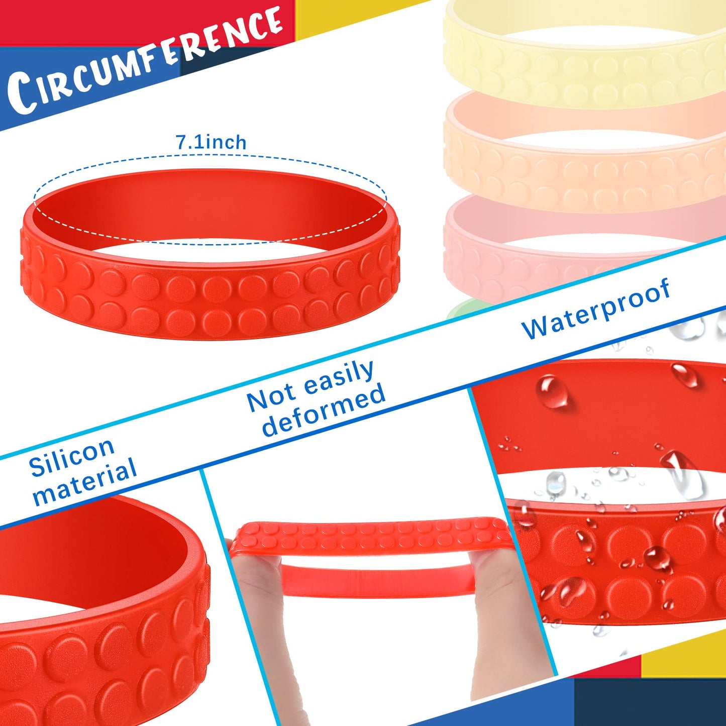 Civaner 60 Pieces Silicone Building Block Bracelets Rubber Bracelets Wristbands Colorful Birthday Party Favors for Goodie Bag Fi