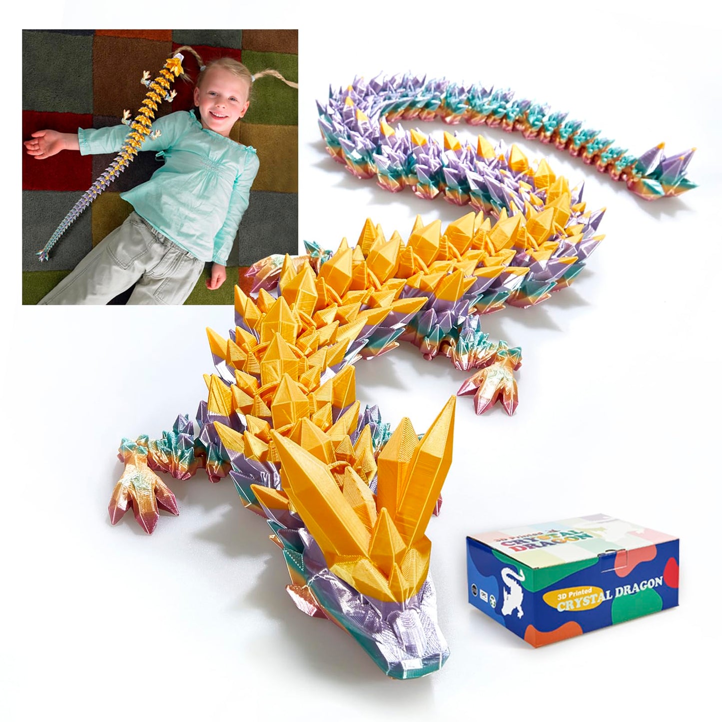 Rwsefk 30 In 3D Printed Dragon, 30Inch Dragon,3D Dragon Toy,Large Dragon Present,Ariculated Crystal Dragon(Gold Rainbow)