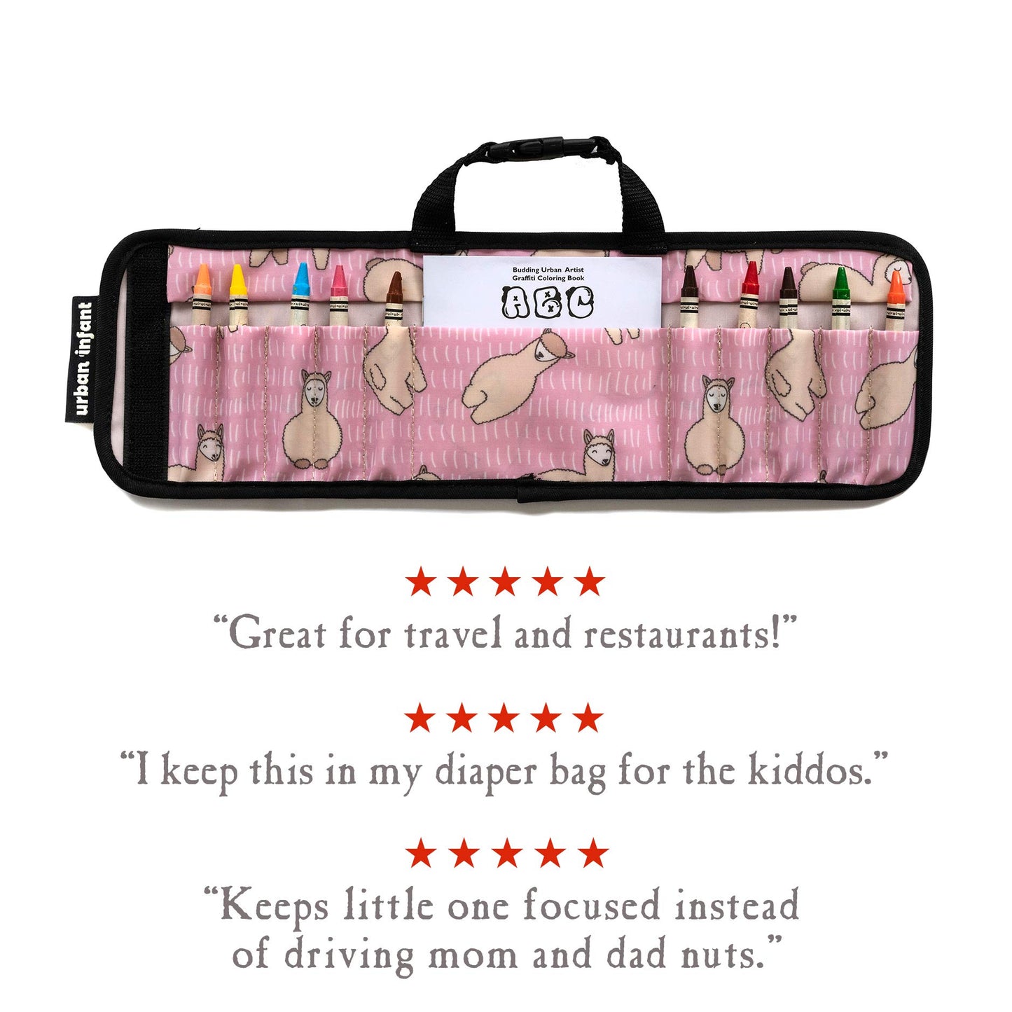 Urban Infant Kids Crayon Travel Case Carrier – Comes With Set Of 10 Non-Toxic Crayons And Draw Booklet – Toddler Activity – Easy Wallet-Style Close And Clipping Handles - Llamas