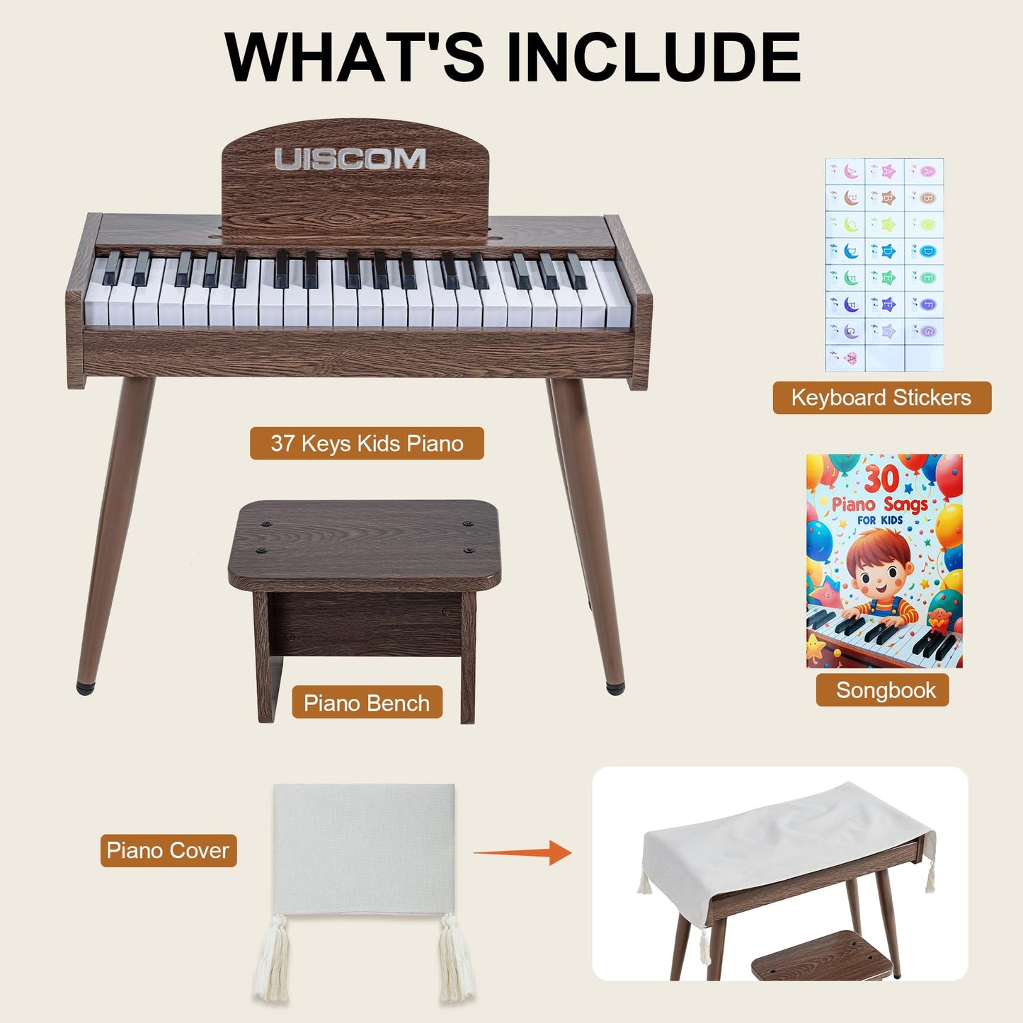 Uiscom Kids Keyboard Piano, 37 Keys Digital Piano, Toddler Musical Instruments, Wooden Kids Piano With Bench, Toddler Piano For