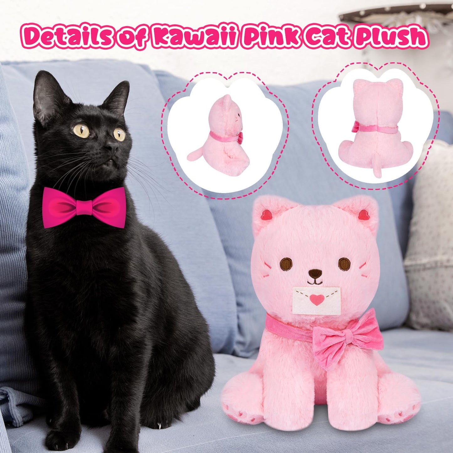 Lsydcarm Valentines Stuffed Animal Cat Plush, Pink Cat Stuffed Animals With Envelope, Kawaii Valentines Plushie Doll, Idea Gifts