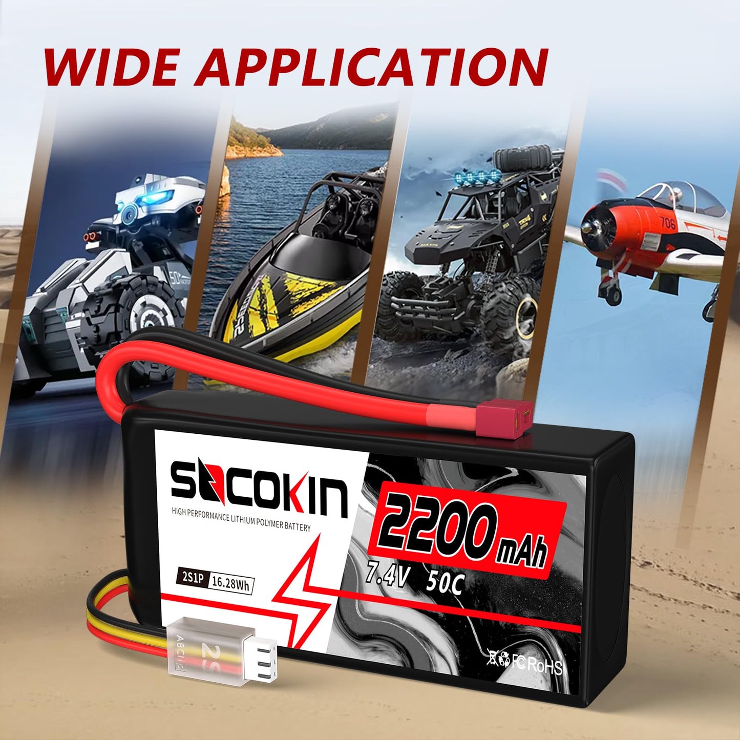 Socokin 2S Lipo Battery 7.4V 50C 2200mAh Batteries with T-Plug Connector Plug Shorty Soft Case Battery for FPV Drone Quadcopter