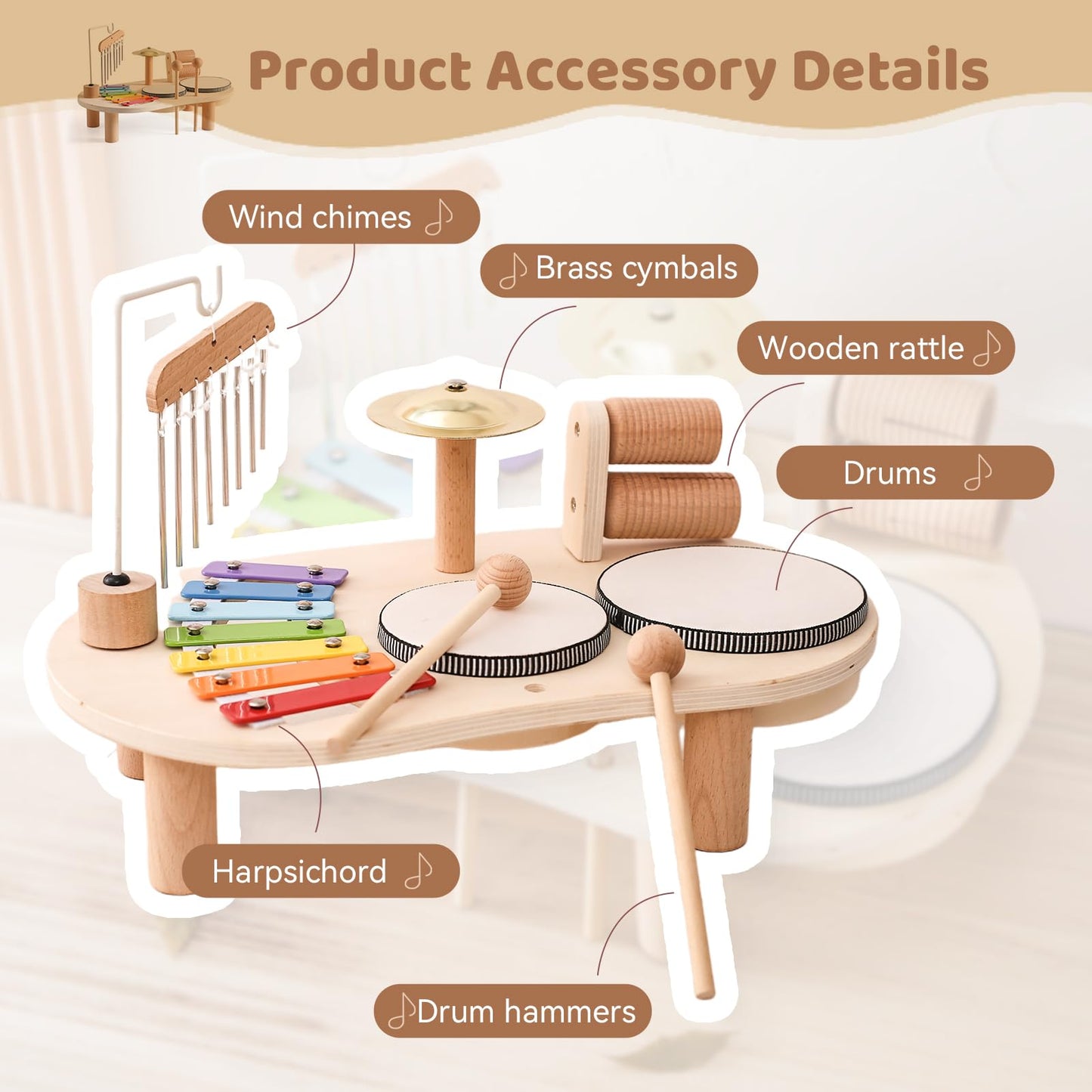 Promise Babe Wooden Musical Instruments For Toddlers 1-3, Percussion Instruments For Kids Baby Drum Set Xylophone, Montessori Educational Musical Toys, Gifts For Girls Boys Ages 3+