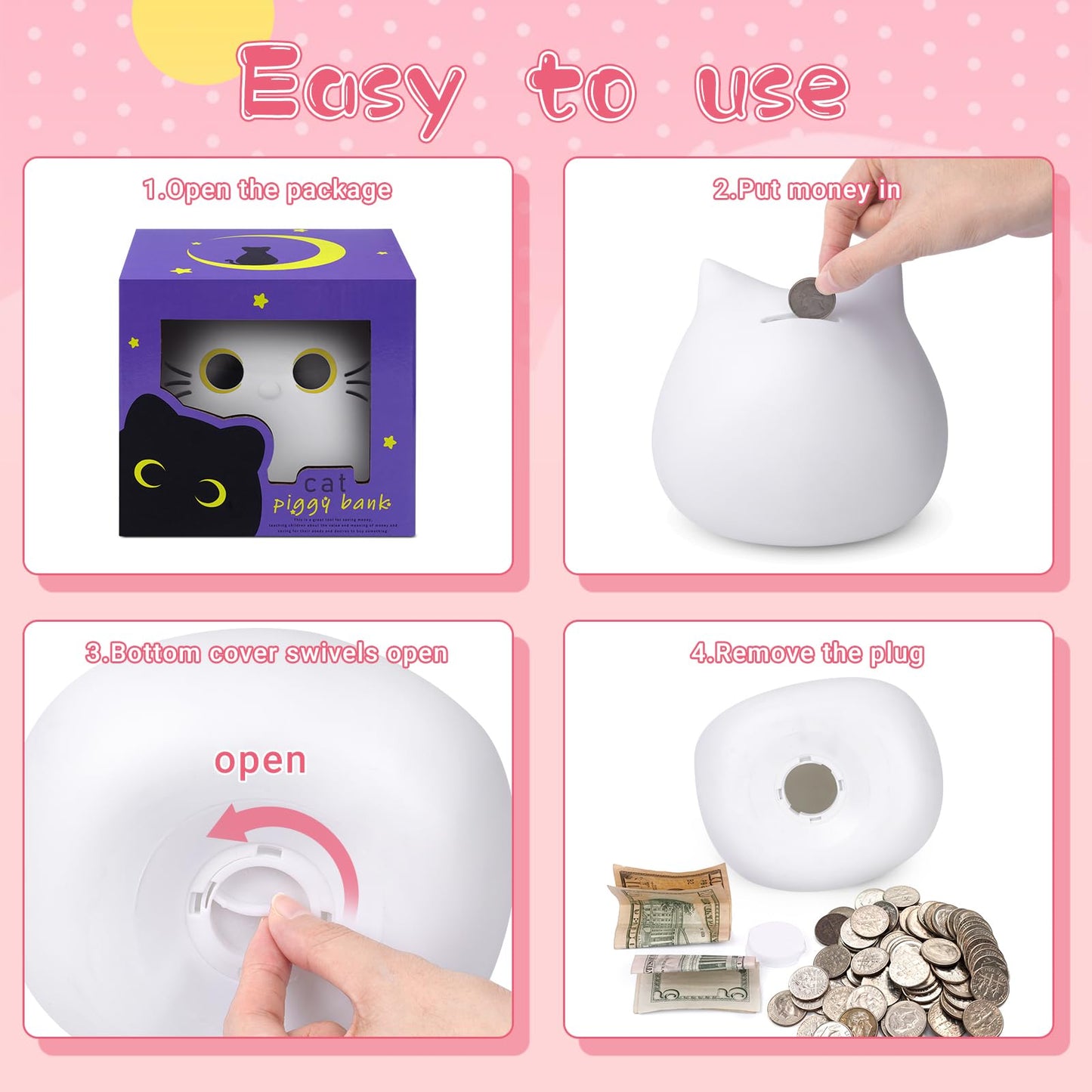 Jizwpoom Piggy Bank, Cute Cat Piggy Bank Cat Money Saving Box For Kids, Coin Piggy Bank Coin Bank Box Unbreakable Piggy Bank Toy Gifts For Adults Boys Girls Birthday (White, 7 Inch)