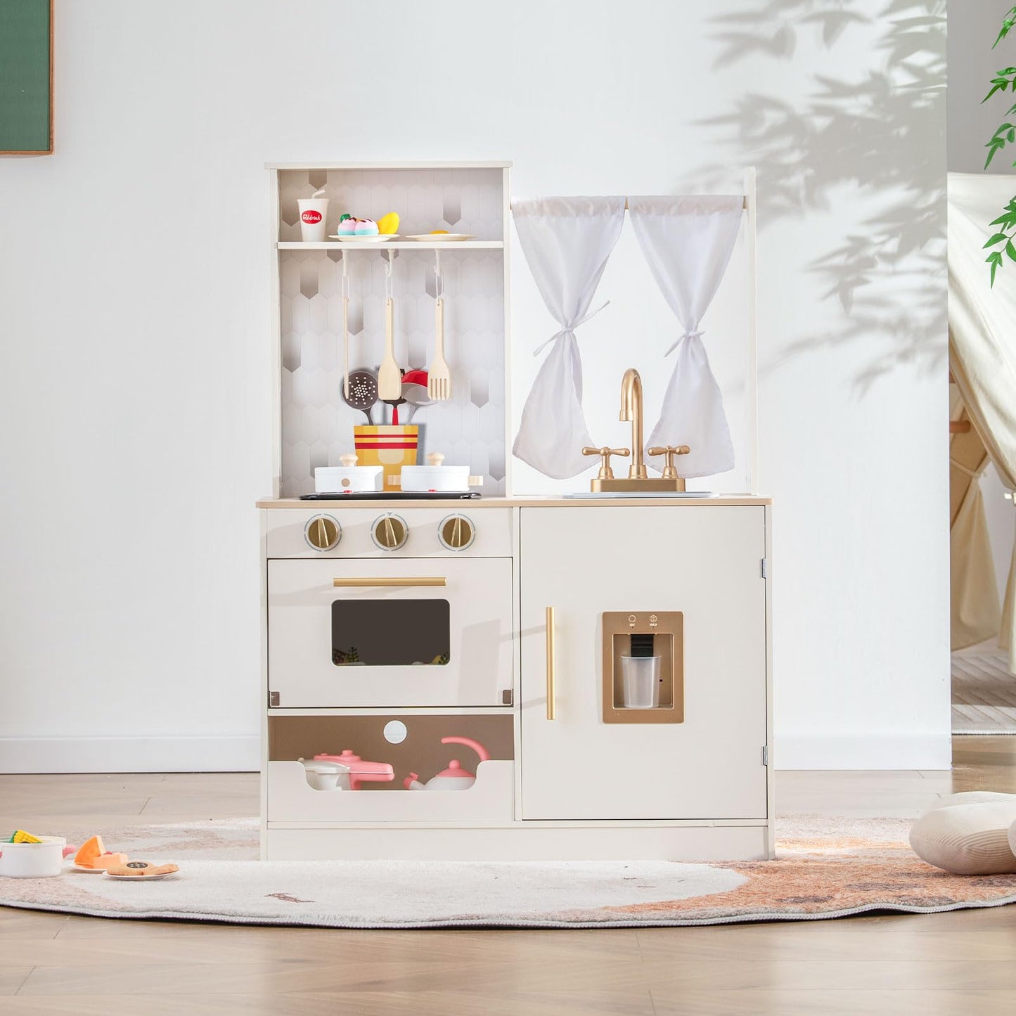 INFANS Kid Kitchen Playset, Toddler Wooden Pretend Cooking Set with Stove, Sink, Microwave, Storage Cabinet, Play Kitchen Toy Se