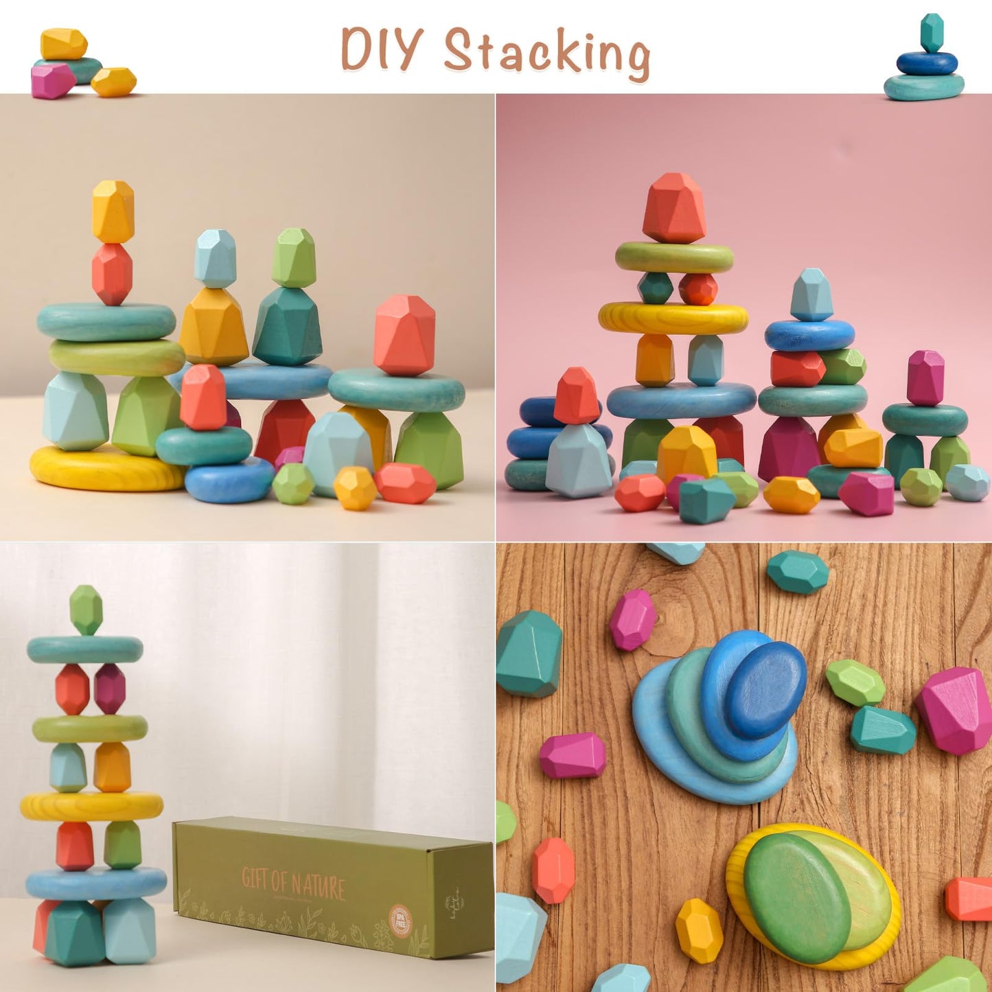 Oessuf Stacking Rocks 26Pcs Stacking Blocks Balancing Stacking Stones Wooden Building Toys Wood Stone Stacking Game For Toddler